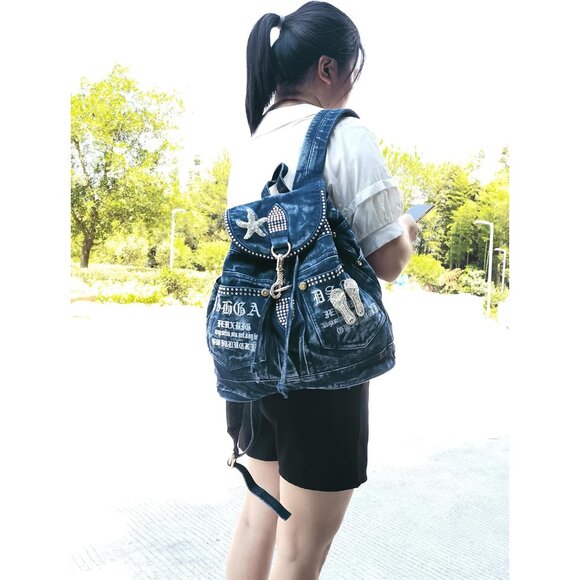 Blue Denim Backpack Purse with Rhinestones, Casual Daypack, 15-inch - Picture 7 of 7